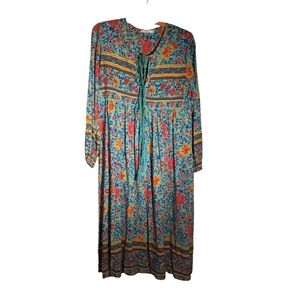 R.Vivimos Women Long Sleeve Floral Print V Neck Tassel Bohemian Midi Dress Med